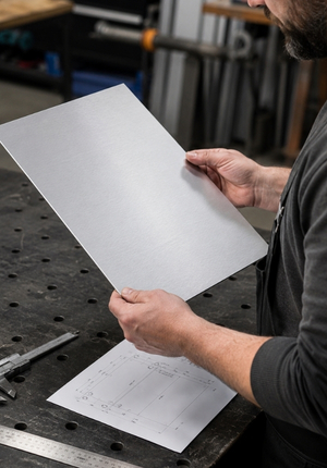 Mann hat Silber eloxiertes Aluminiumblech in Hand